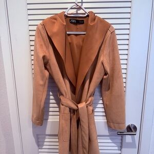 pink Zara faux suede hooded midi belted trench coat
